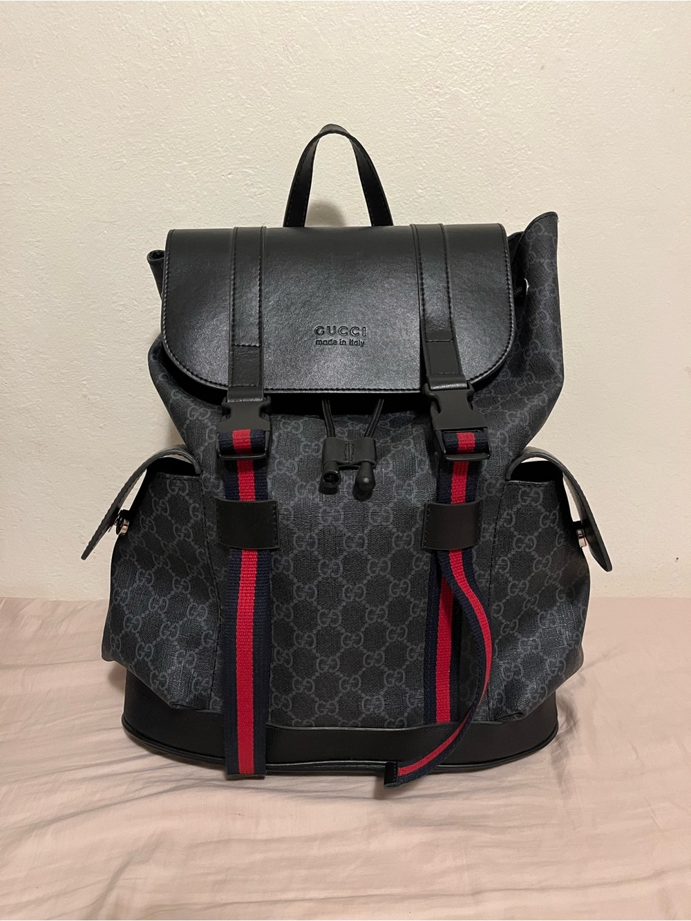 Gucci Black GG Supreme Canvas Backpack with Red and Navy Blue Web Straps